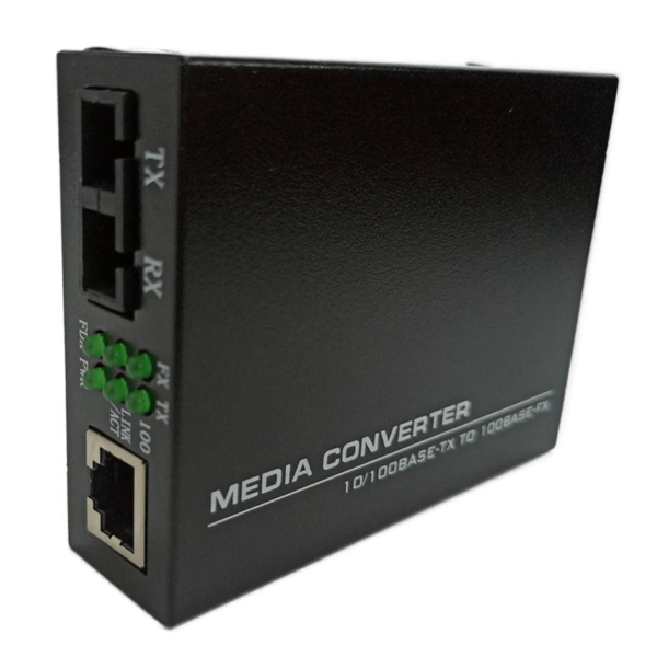 "FibreCart 100Mbps Single Mode Dual Fiber Media Converter with SC Ports and LED Indicators – 20KM Range"
